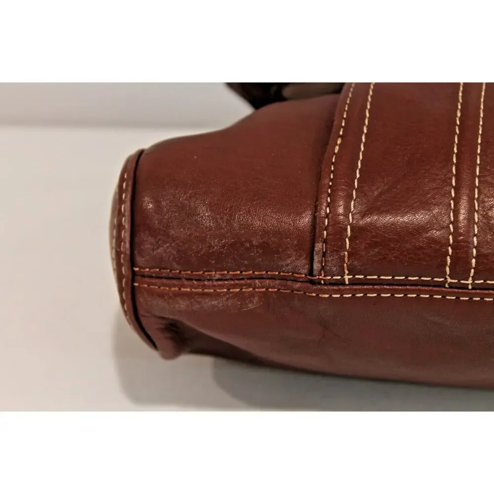 Talbots Leather Handbag Purse Brown White Thread Detailing Flap Closure
